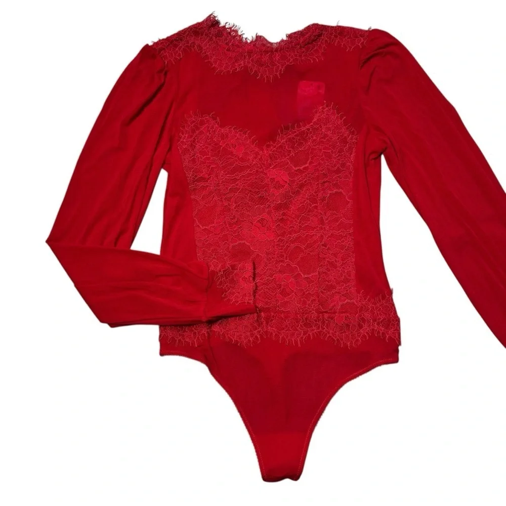 NWT New Free People Sweet Nothings Long Sleeve Red Bodysuit Size M